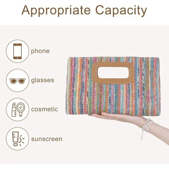 Women Straw Clutch Purse Top Handle Crossbody Woven Envelope Evening Bag